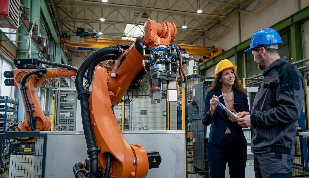 Engineers inspecting an automated manufacturing robot arm