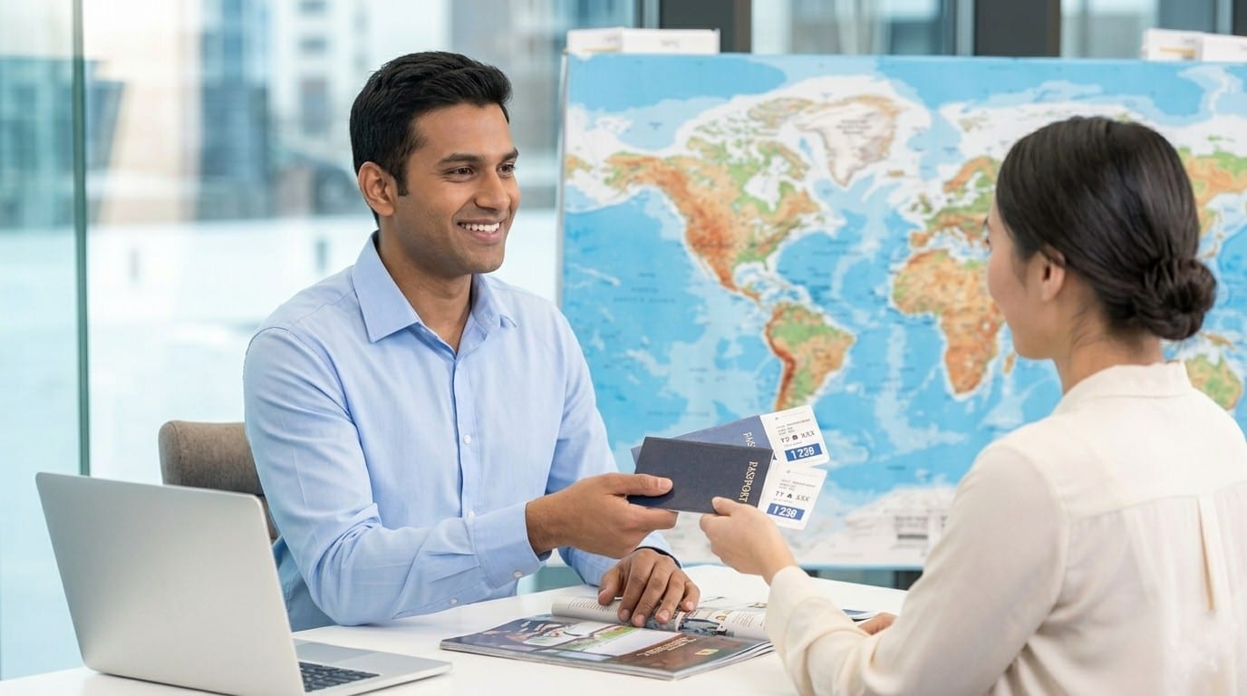 Travel agent handing passport and tickets to a smiling client